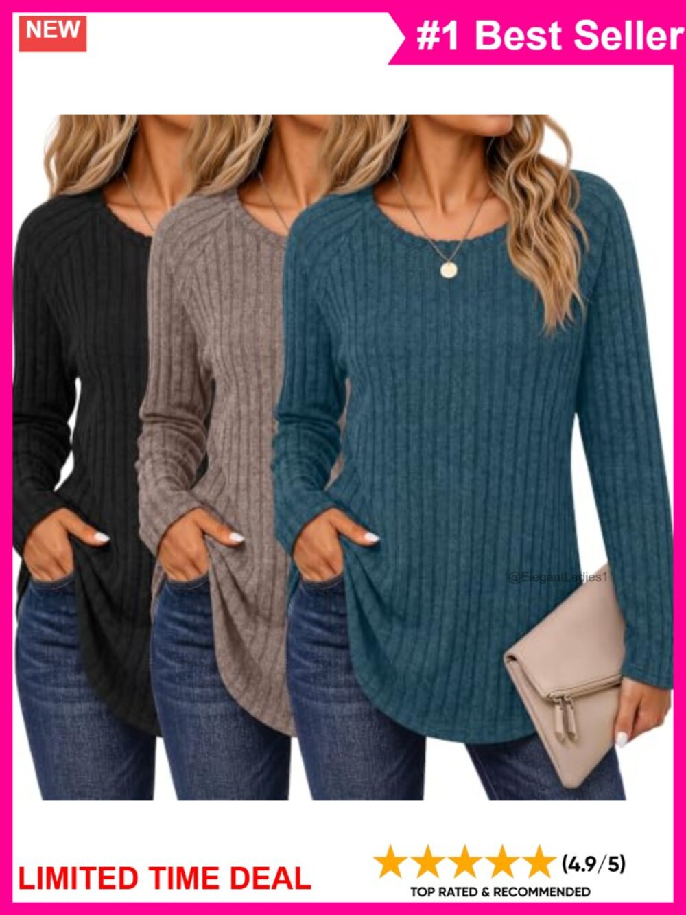 Women's 3 Pack Long Sleeve Tunic Sweaters Crew Neck Curved Hem